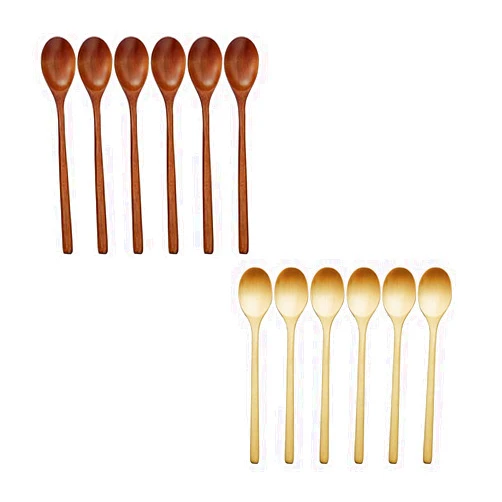 ADLORYEA Wooden Spoons, 6 Pieces 9 Inch Wood Soup Spoons for Eating Mixing Stirring, Long Handle Spoon with Japanese Style Kitchen Utensil, ADLORYEA Eco Friendly Table Spoon