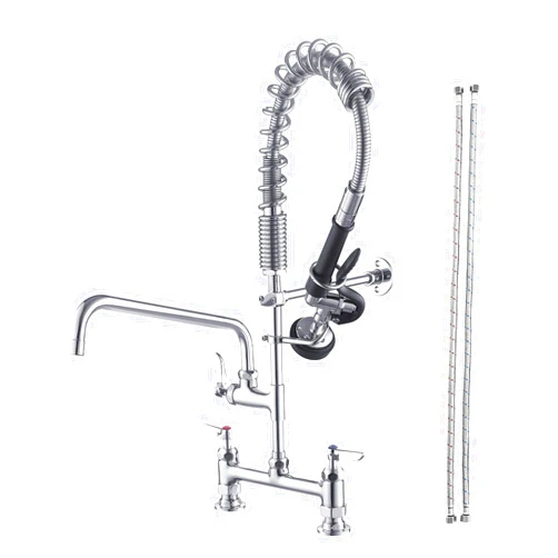 Fapully Commercial Kitchen Faucet,Deck Mount Kitchen Sink Faucet with Pre-Rinse Pull Down Sprayer,26‘’ Height 8'' Center 3 Compartment Sink Faucets with 12.2'' Swing Spout Chrome