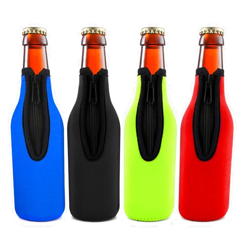 TOPOKO Beer Bottle Insulator Sleeve Different Color. Zip-up Bottle Jackets. Keeps Beer Cold and Hands Warm. Classic Extra Thick Neoprene with Stitched Fabric Edges, Enclosed Bottom (set of 4 color)