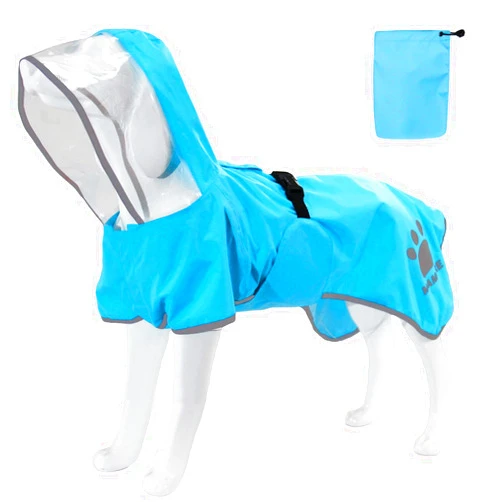 MAMORE Dog Raincoat Hooded Rain Jacket for Small Medium Large Dogs Slicker Poncho Bottom Waterproof Adjustable Reflective Breathable Leash Hole (Blue, Small)