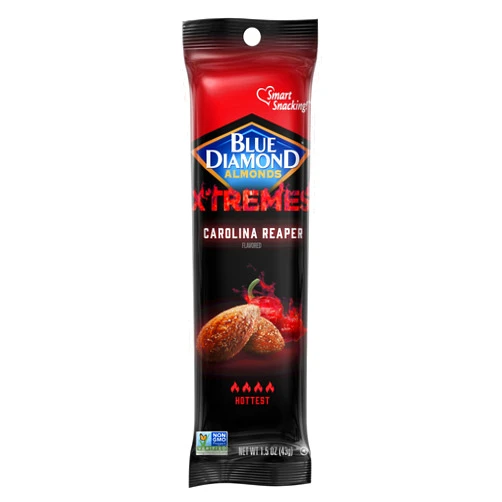 Blue Diamond Almonds, XTREMES Carolina Reaper Spicy Snack Nuts, 1.5oz Tube, Pack of 12