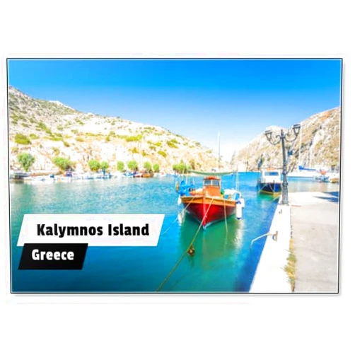 Photomagnet Kalymnos Island, Vathys, Kos, Dodecanese, Greece: Beautiful Sunny Village Town Harbor View to The Greek Blue Sea with Crystal Clear Water with Fishing Boats Cruising Holiday Yacht, Fridge Magnet