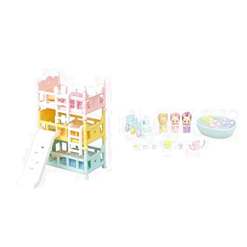Calico Critters Triple Bunk Beds with Triplets Baby Bathtime Set - Includes Bunk Beds, Milk Rabbit Triplets, Bath Toys and Accessories