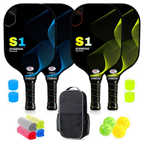 Stonecho Pickleball Paddles, USAPA Approved Pickleball Rackets, Premium Graphite Surface, Polymer Honeycomb Core Pickleball Sets of 4, Includes 4 Pickle Ball Raquette, 4 Balls, 4 Soft Grip & Cool Towels, 1 Bag