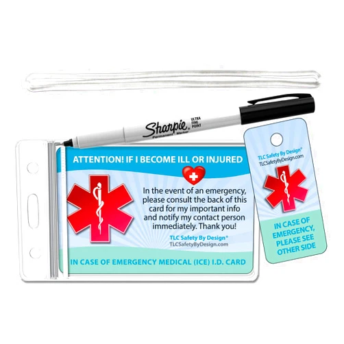 TLC Safety By Design Medical ICE Alert in Case of Emergency Allergy Safety I.D. Identification Plastic Wallet Card and Key tag with Emergency Contact Call Card (Qty. 1 COMPLETE BUNDLE from TLC)