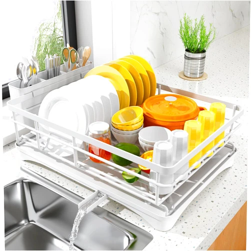 SNTD Dish Drying Rack for Kitchen Counter - Large Dish Rack with Drainboard, Rustproof Dish Drainer with Utensil Holder for Sink, White