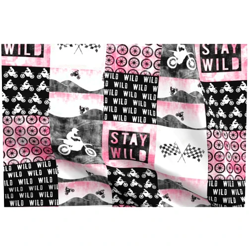 Spoonflower Fabric - Motocross Patchwork Wild Pink Dirt Bike Little Arrow Nursery Cheater Printed on Petal Signature Cotton Fabric Fat Quarter - Sewing Quilting Apparel Crafts Decor