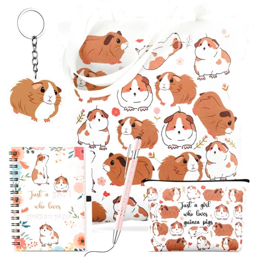 Kinlop 5 Pcs Guinea Pigs Lover Gifts for Women Include Just a Girl Who Loves Guinea Pigs Tote Bag Canvas Cosmetic Bag Coil Notebook Keychain and Ballpoint Pen for Women Girls