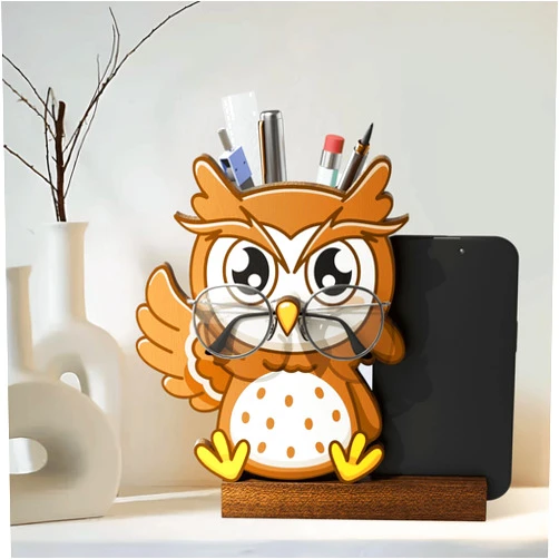WishJazz Wooden Pen Pencil Holder for Desk, Cute Owl Eyeglasses Holder for Nightstands,4 in 1 Wood Desk Organizer & Pencil Cup for Office Supplies Phone, Makeup Brush, Owl Gifts for Women & Kids