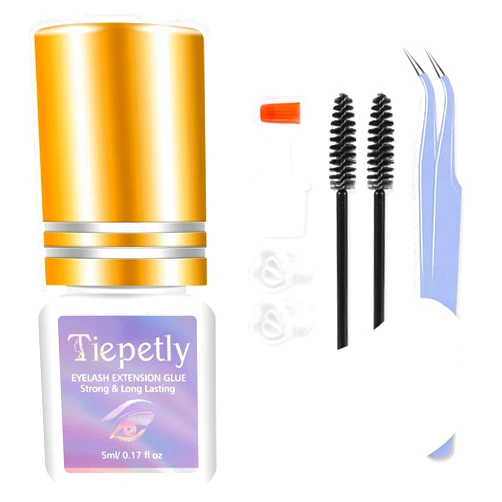 Tiepetly Lash Glue for Eyelash Extensions, Strong Eyelash Extension Glue, Black Adhesive Lash Extension Glue for Professional Use, Up to 8 Weeks Retention, 5ml