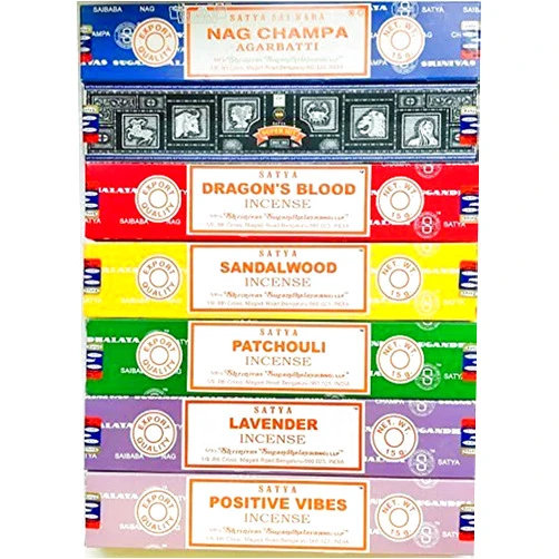 Satya Incense Gift Set Nag Champa, Super hit, Dragon's Blood, Sandalwood, Patchouli, Lavender, Positive Vibes, 15 g