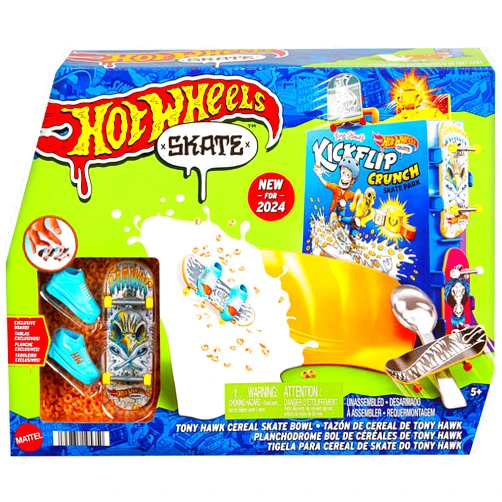 Hot Wheels Skate Tony Hawk Cereal Bowl Fingerboard Set, 1 Exclusive Board & Pair of Removable Skate Shoes, Storage for up to 4 Boards & 4 Pairs of Shoes