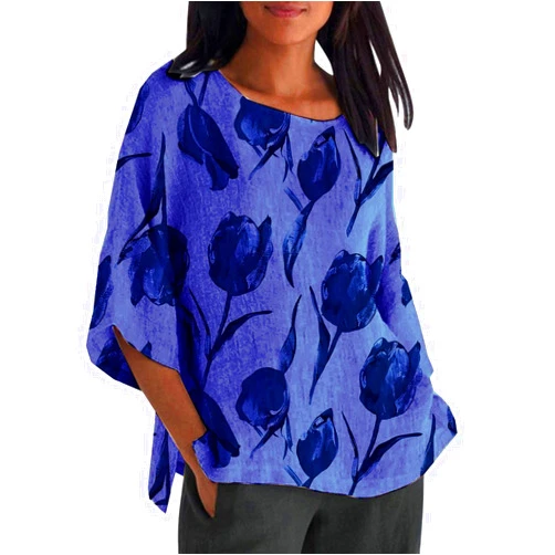 DMOYALA Linen Shirt for Women Crew Neck 3/4 Sleeve Tunic Blouses Casual Loose Fall T-Shirt Tops for Ladies Summer S-5XL