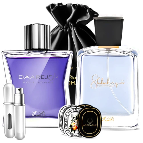 AROMAQUE Bundle of Rasasi Perfume Daarej 3.4 OZ & Rasasi Shuhrah Perfume For Men 3 OZ Eau De Parfum Travel Refillabe Bottle, 2 Car Freshner Cards & Satin Bag