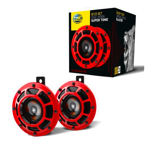 HELLA 003399801 Supertone 12V High Tone/Low Tone Twin Horn Kit with Red Protective Grill, 2 Horns