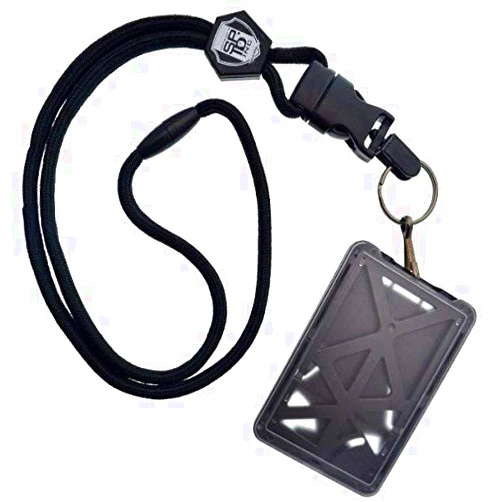 Specialist ID Vertical Top Load THREE CARD Badge Holder - Hard Plastic with Heavy Duty Breakaway Lanyard w Quick Release Metal Clip & Key Ring (One Holder / 3 Cards Inside) (Black)