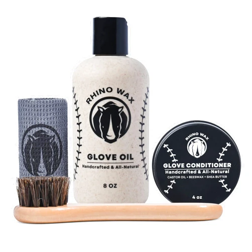 Rhino Wax Baseball Glove Standard Maintenance Kit - Includes: Baseball Glove Oil (8 oz), Baseball Glove Conditioner (4 oz), Horsehair Brush + Microfiber Cloth - Moisturize and Protect - Made in USA