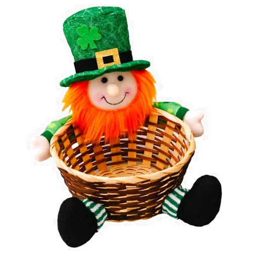 Amosfun Table Candy Dish Leprechaun Plush Gnome Bowl Four-leaf Basket Shamrock Candy Holder Woven Basket Snack Container Irish Party Decoration
