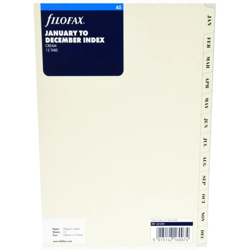Filofax Organizer/Clipbook Refill Accessory, A5 Size, January to December Monthly Index Divider Set, 12 Tabs, Luxury Cotton Cream (B341693)