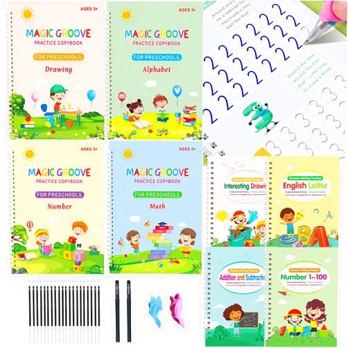 SQRUIHAO Grooved Handwriting Practice, Magic Grooved Handwriting Practice with 8 Workbooks, Reusable Preschool Workbooks Age 3-8, ​Calligraphy Practice Book Back to School Supplies