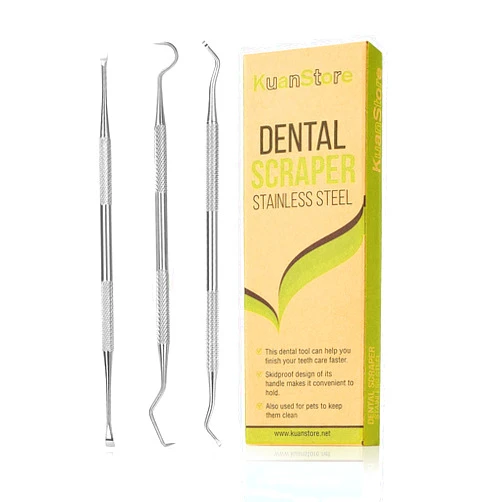 Kuan Dental Tools, 3 Pack Teeth Cleaning Tools Stainless Steel Dental Scraper, Pick Hygiene Set for Dentist, Personal Using, Family Oral Care, Pets, Cat, Dog - Tooth Tartar Plaque Scraper Remover