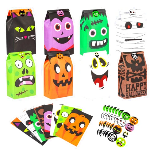 DECORLIFE 40 PCS Cute Halloween Goodie Bags, 8 Style Paper Treat Bags for Halloween Party Favor, Trick or Treat, Gifts, Candies, Snacks, Party Supplies, 40 Stickers Included