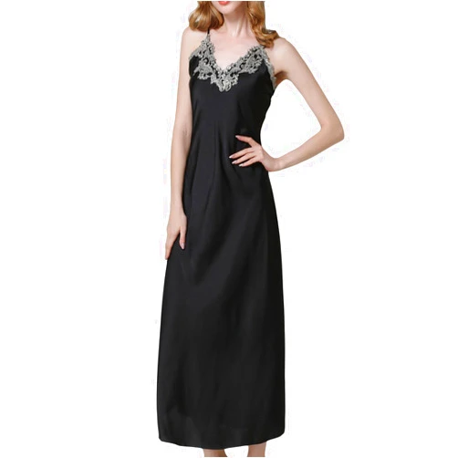 ASHER FASHION Satin Nightgowns for Women Long Silk Nightdress Vintage Lace Chemise Maxi Sleepwear