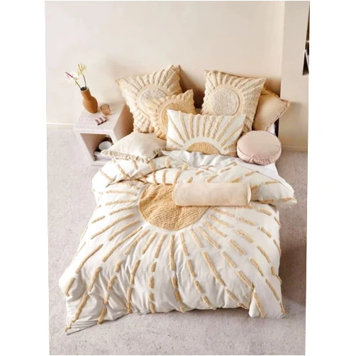 CraftAura 100% Organic Cotton Duvet Cover| Lightweight Soft Sun Shape Motifs Tufted Bed Duvet Cover + 2 Pillow + 2 Euro sham Cover Set | 5 Pcs Boho Bedding Comforter Cover Set (90 x 104 INCHES)