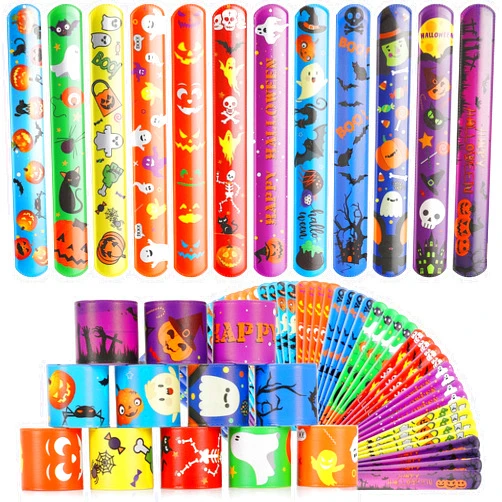 SKINOSM Halloween Party Favors for Kids, 48 PCS Halloween Slap Bracelets Assorted Bulk Party Decorations, Snap Bracelet Wristbands for Kids Print with Spider Pumpkin Ghost Print Halloween Treats Supplies