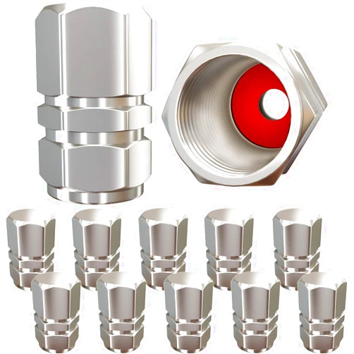 SAMIKIVA Tire Valve Caps (12 Pack) Heavy-Duty Stem Covers | Dust Proof, with O Rubber Seal | Hexagon Design | Outdoor, All-Weather, Leak-Proof Air Protection | Light-Weight Universal Aluminum Alloy (Silver)