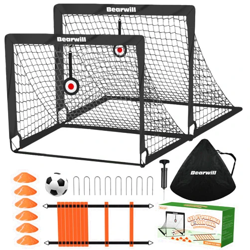 Bearwill Soccer Goal, Kids Soccer Goals for Backyard Set of 2, 4x3ft Portable Soccer Goal Pop Up Soccer Net, Kids Soccer Net for Backyard Training Equipment with Soccer Ball, Ladder, Cones, Targets