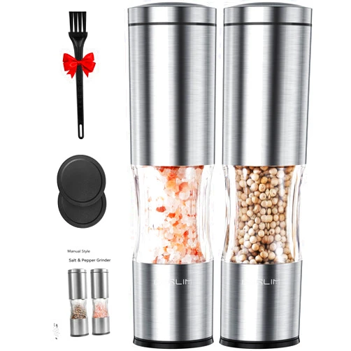 FORLIM Salt and Pepper Grinder Set with Dust Cover, Manual Pepper Mill with Adjustable Coarseness, Brushed Stainless Steel, Ceramic grinding core, 4.7oz Large Capacity, Spice Grinder (Set/Silver)