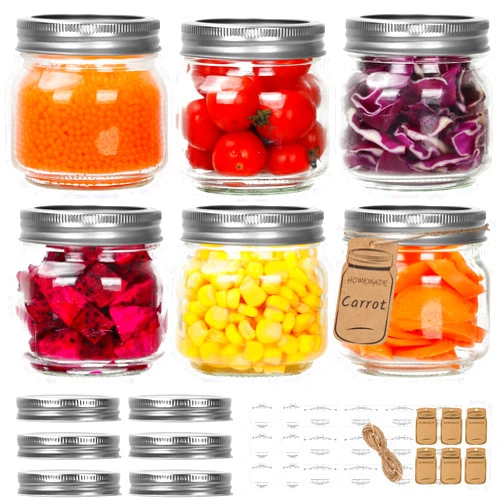 Eathtek Small Mason Jars 8oz/240ml with Regular Lids, 6 Pack Glass Canning Jars With Labels, Mini Glass Jars for Jam Jelly Spice Honey Herbs, Wedding Shower Favors Food Storage Candle Jars