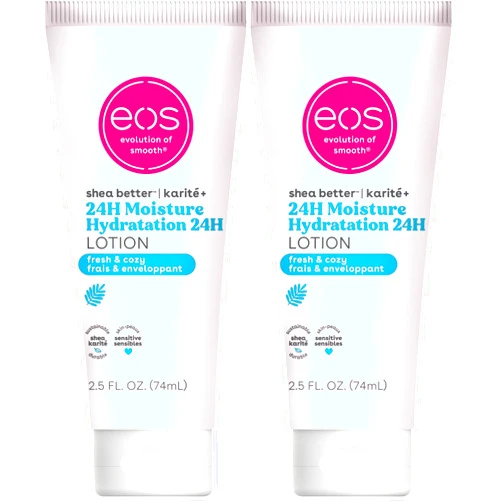 eos 24H Moisture Travel Body Lotion- Fresh & Cozy, Travel Size Essential, Toiletries, Mini Body Lotion, 2.5 fl oz (Pack of 2)