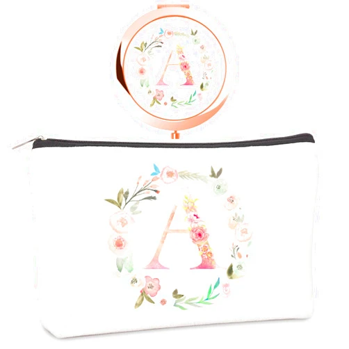 Boutikpro Personalized Gift Initial Compact Mirror w Makeup Bag for Women Sister Daughter Mom Wife, Floral Monogram Alphabet Small Mirror Ideal Gift on Birthday, Christmas, Graduation (A + Bag, ROSE GOLD)