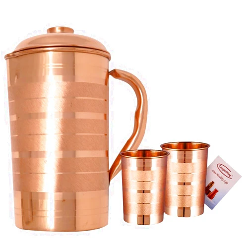 CopperKing Pure Real Copper Metal Carafe Pitcher for Drinking Water With big handle and lid, large size Jug 50oz - 1500ml With 2 Cups Tumbler Glasses Set, Best Ayurvedic Benefit Vessel (Classic)