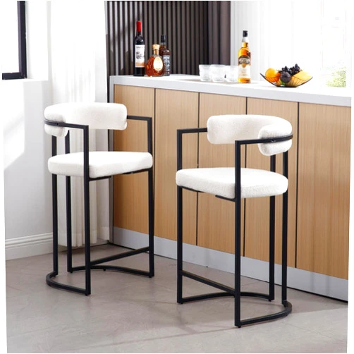 ZSARTS White Boucle Counter Height Bar Stools Set of 2, Modern 26 Inch Barrel Barstools with Back Upholstered Kitchen Island Chairs with Black Footrest for Home Bar Dining Room Pub,WHITE