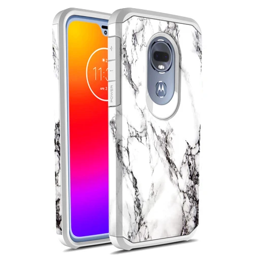 Rosebono Fashion Rosebono Compatible with Moto G7 Optimo / G7 Play Case, Slim Hybrid Shockproof Graphic Armor Case for Motorola Moto G Play 7th Generation (White Marble)
