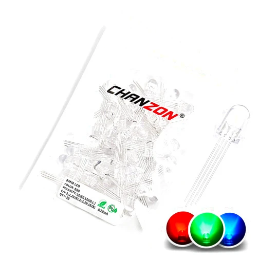 Chanzon 50 pcs 8mm RGB Multicolor LED Diode Lights Common Cathode(Clear Round Transparent 3 Color) 4 pin Bright Lighting Bulb Lamps Electronics Components Indicator Light Emitting Diodes