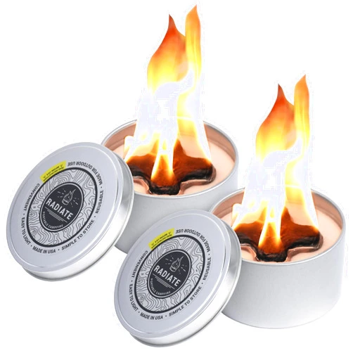 Radiate - 2 Pack Outdoor Portable Campfire - 3 Hours of Warmth and Burn Time - 4” Reusable Fire Pit for Camping, Smores, Cooking, and Picnics - Recycled Soy Wax