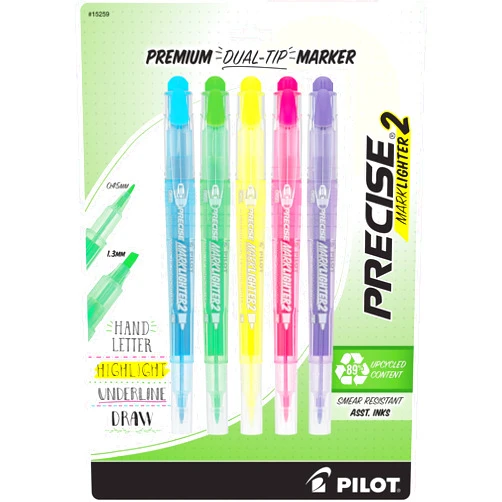 Pilot, Precise Marklighter2 Dual Tip Highlighters, Broad Chisel and Extra-Fine Bullet Point Tips, Assorted Colors, Pack of 5