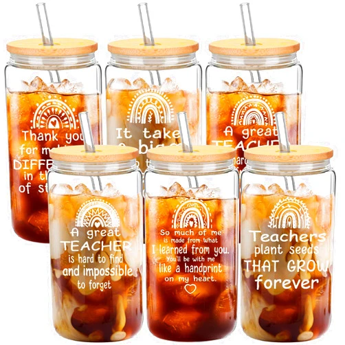Zubebe 6 Sets Teachers Appreciation Gifts for Women Thank You Teacher Appreciation Gifts 16 oz Glass Cups with Lids and Straws Coffee Drinking Glasses