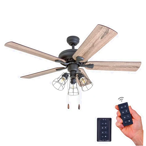 Prominence Home Lincoln Woods, 52 Inch Industrial Style LED Ceiling Fan with Light, Remote Control, Three Mounting Options, 5 Dual Finish Blades, Reversible Motor - 50745-01 (Bronze)