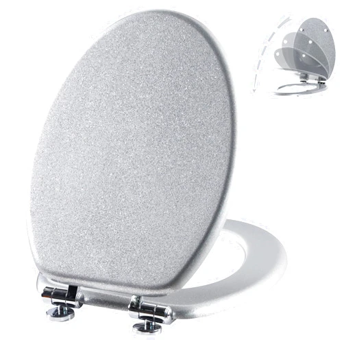 Angol Shiold Glitter Toilet Seat Molded Wood Elongated Toilet Seat with Quietly Close and Quick Release Hinges, Easy to Clean also Easy to Install (Elongated 18.5'', Silver)