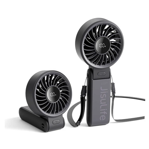 JISULIFE Handheld Fan Life7,2024 Powerful Portable Fan with LED Display[19.5Hrs Max Cooling]5000mAh,150°Folded,5 Speeds,Lanyard; 3-IN-1 Hand/Desk/Neck Fan,Travel Essentials Gifts for Women,Men(Black)
