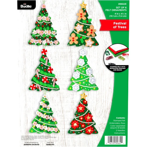 Bucilla, Festival of Trees, Felt Applique 6 Piece Ornament Making Kit, Perfect for DIY Arts and Crafts Projects, 89662E