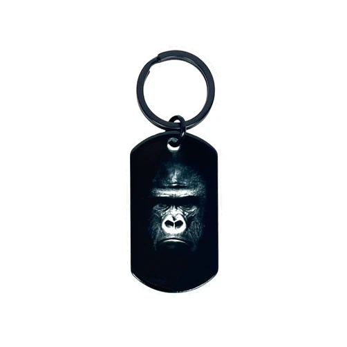 Handmade Gorilla KeyChain - Gorilla Themed Gift - Black Heavy Dog Tag KeyChain - Heavy Duty Dog Tag with Photo if Black and White Gorilla Face - Gorilla Girl Gift for Him