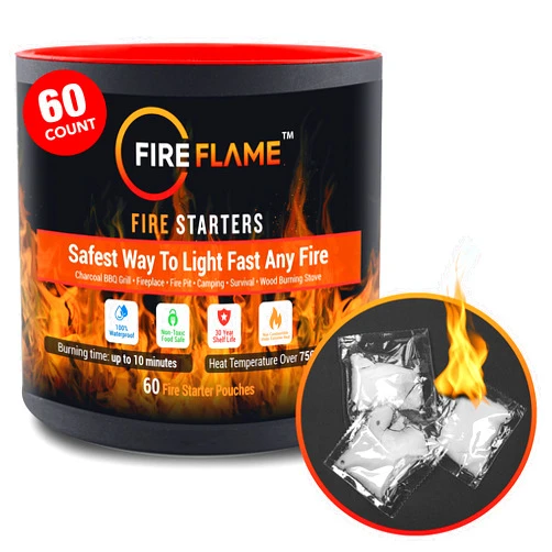 Kiknek Fireflame Quick Instant Fire Starter - 100% Waterproof All-Purpose Indoor & Outdoor Firestarter, for Charcoal Starter, Campfire, Fireplace, BBQ - Odorless and Food Safe - 60 Pouches in Canister