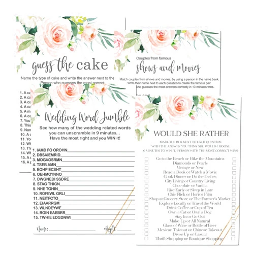 Paper Clever Party Graceful Floral Bridal Shower Games (25 Each) Would She Rather, Guess the Cake, Word Scramble, Famous Pairs Fun Wedding Activity Engagement Party, Rehearsal Dinner, Double-Sided Cards Bundle