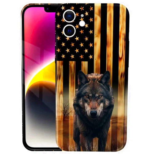 DAIZAG Compatible with iPhone 12 Pro Case,Phone 3D Soft Shell Phone Protective for Anti Drop and Shock Protection,Cases for Man Woman-Wolf American Wood Grain Flag